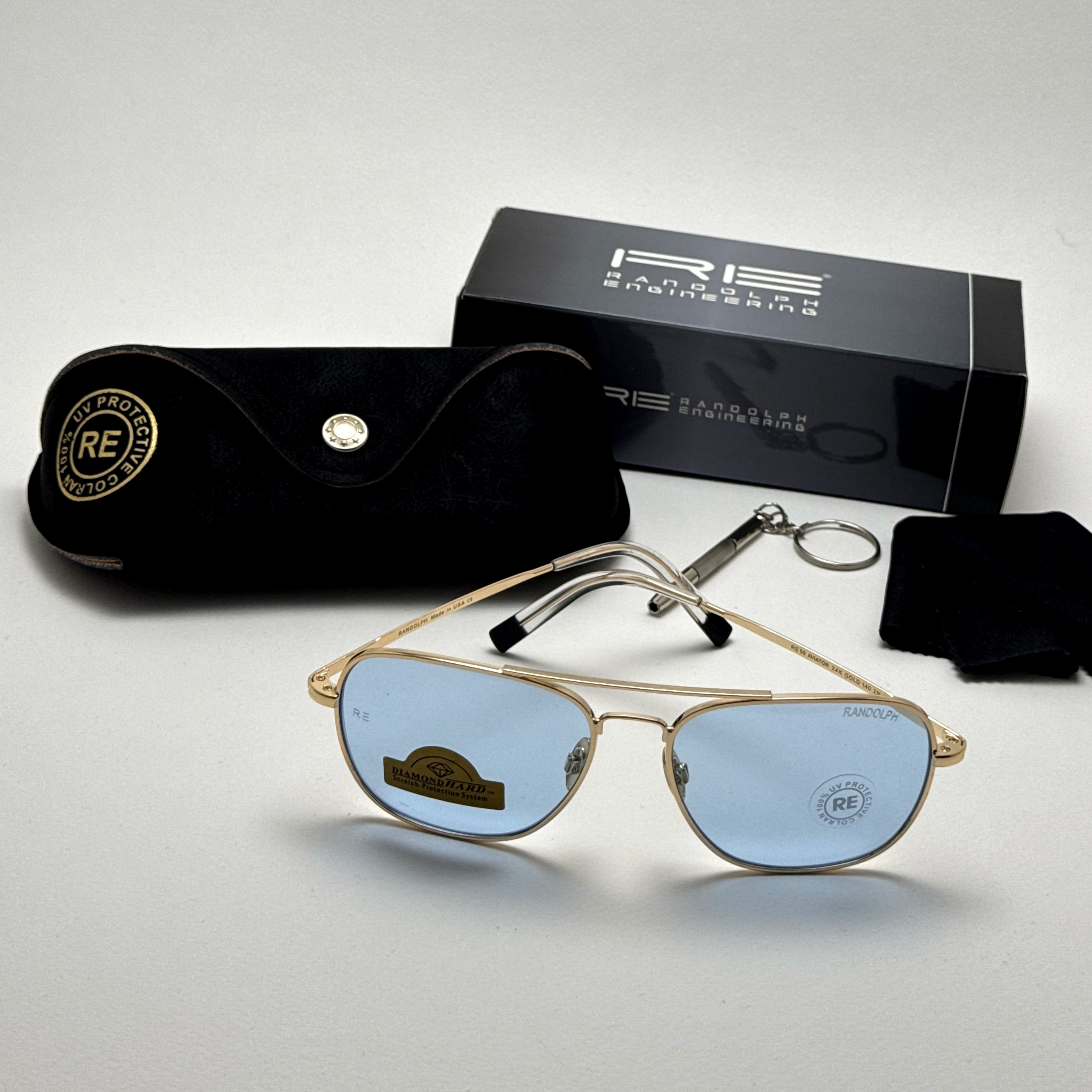 عینک آفتابی خلبانی رندولف شیشه سنگ آبی آسمانی طلایی فول پک RANDOLPH AVIATOR RE 58 24K GOLD