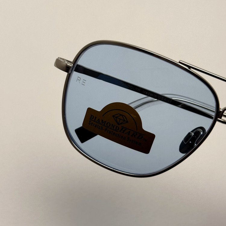 عینک شب و آفتابی خلبانی رندولف شیشه سنگ آبی آسمانی نقره ای فول پک RANDOLPH AVIATOR RE 58 24K WHITE GOLD