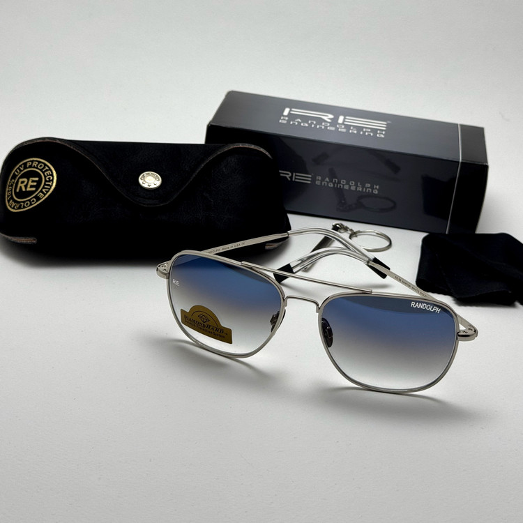 عینک آفتابی خلبانی رندولف شیشه سنگ آنتی رفلکس آبی هایلایت نقره ای فول پک RANDOLPH AVIATOR RE 58 24K WHITE GOLD