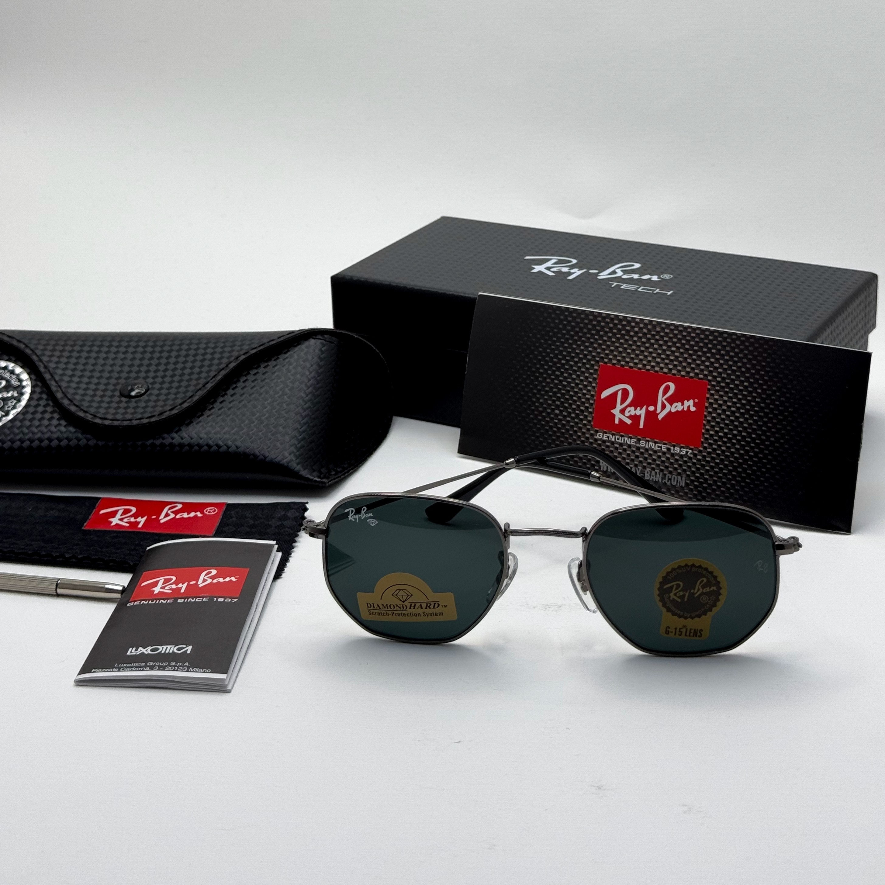 عینک ریبن هگزونال شیشه سنگ فریم نوک مدادی عدسی مشکی به همراه پک کامل ریبن کد Rayban RB 3548
