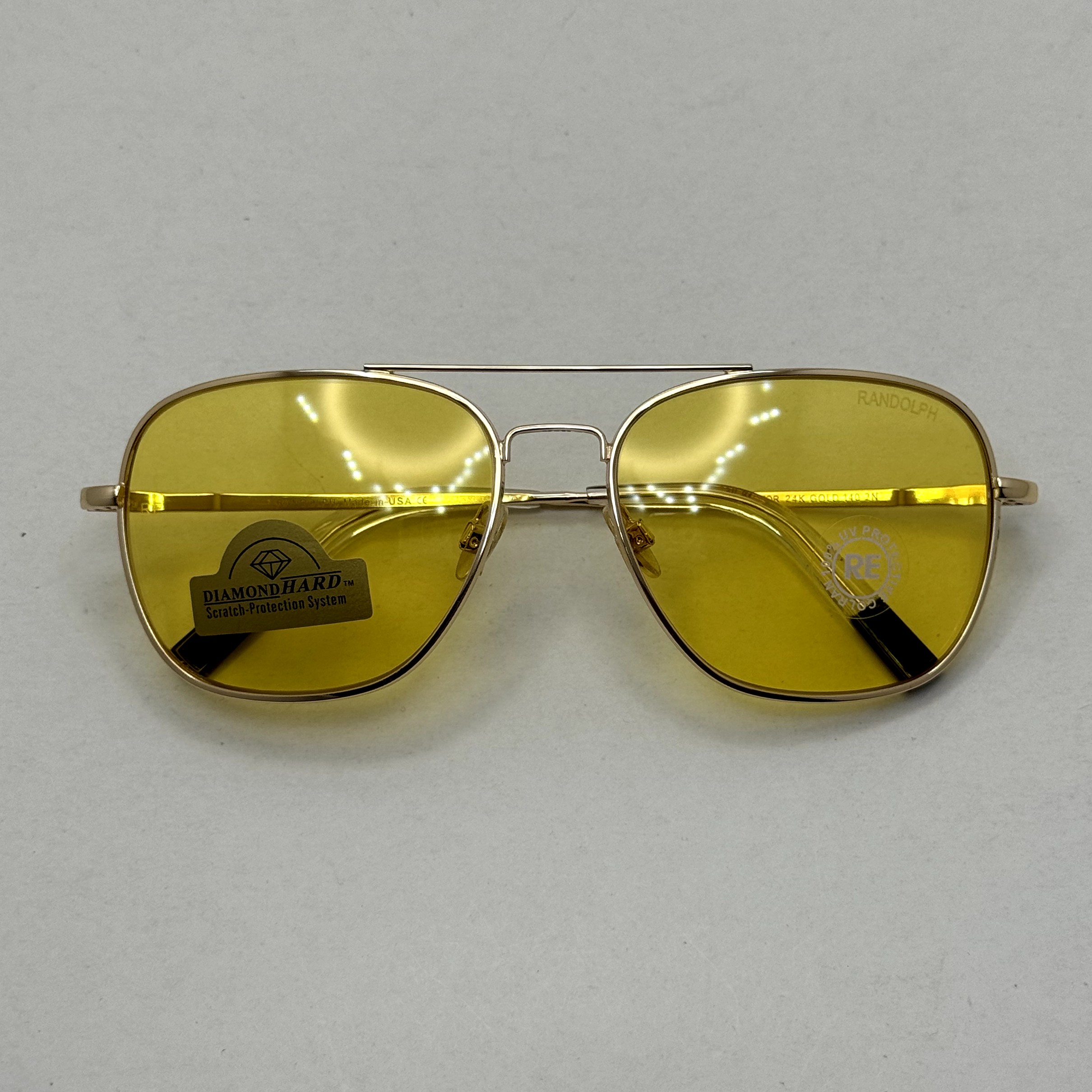 عینک آفتابی و شب خلبانی رندولف شیشه سنگ زرد فریم طلایی فول پک اصلی RANDOLPH AVIATOR RE 58 24K GOLD