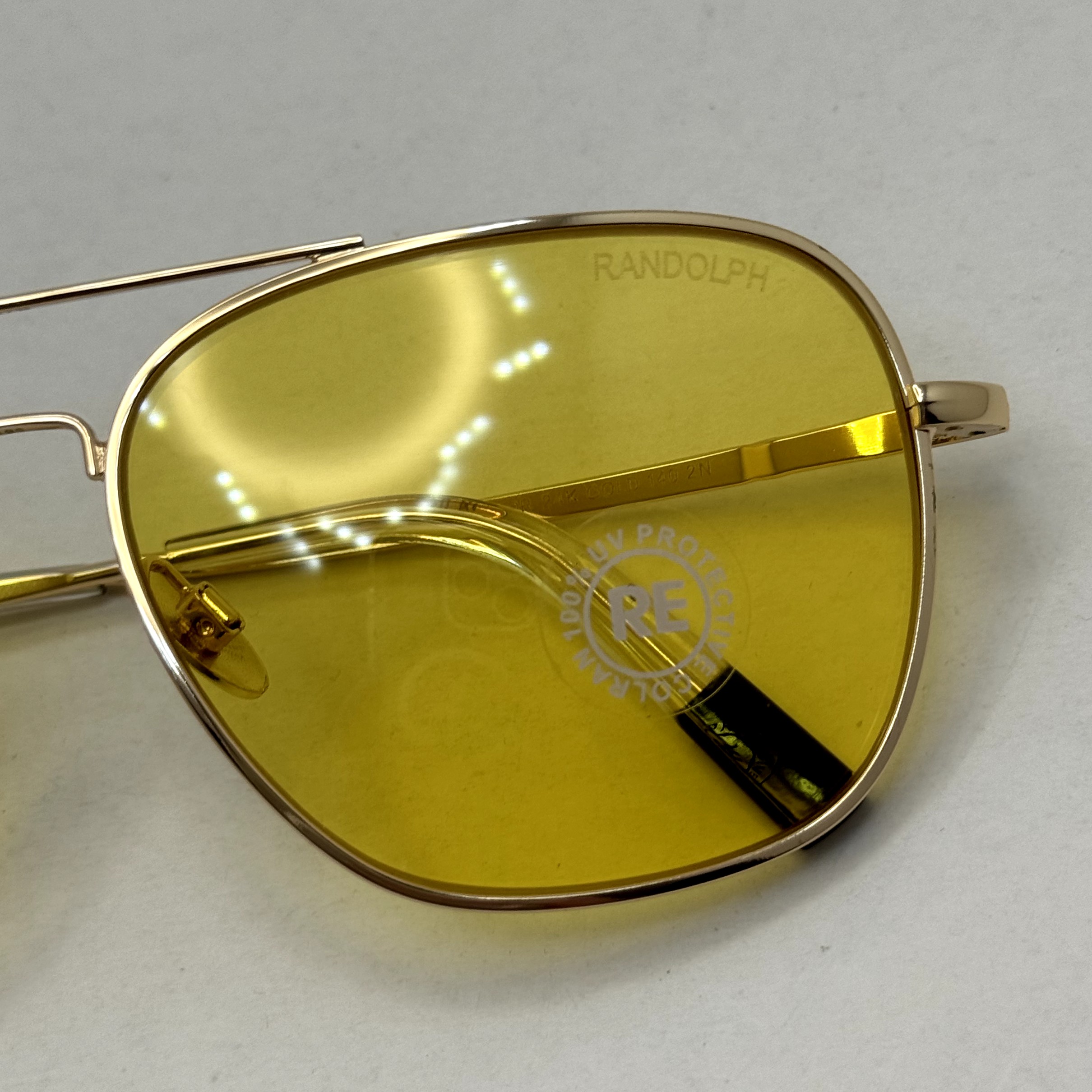 عینک آفتابی و شب خلبانی رندولف شیشه سنگ زرد فریم طلایی فول پک اصلی RANDOLPH AVIATOR RE 58 24K GOLD