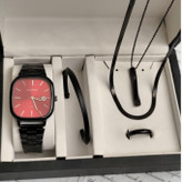 ست ساعت مردانه کاسیو casio اولدمانی مشکی صفحه قرمز با دستبند بنگل و گردنبند و حلقه