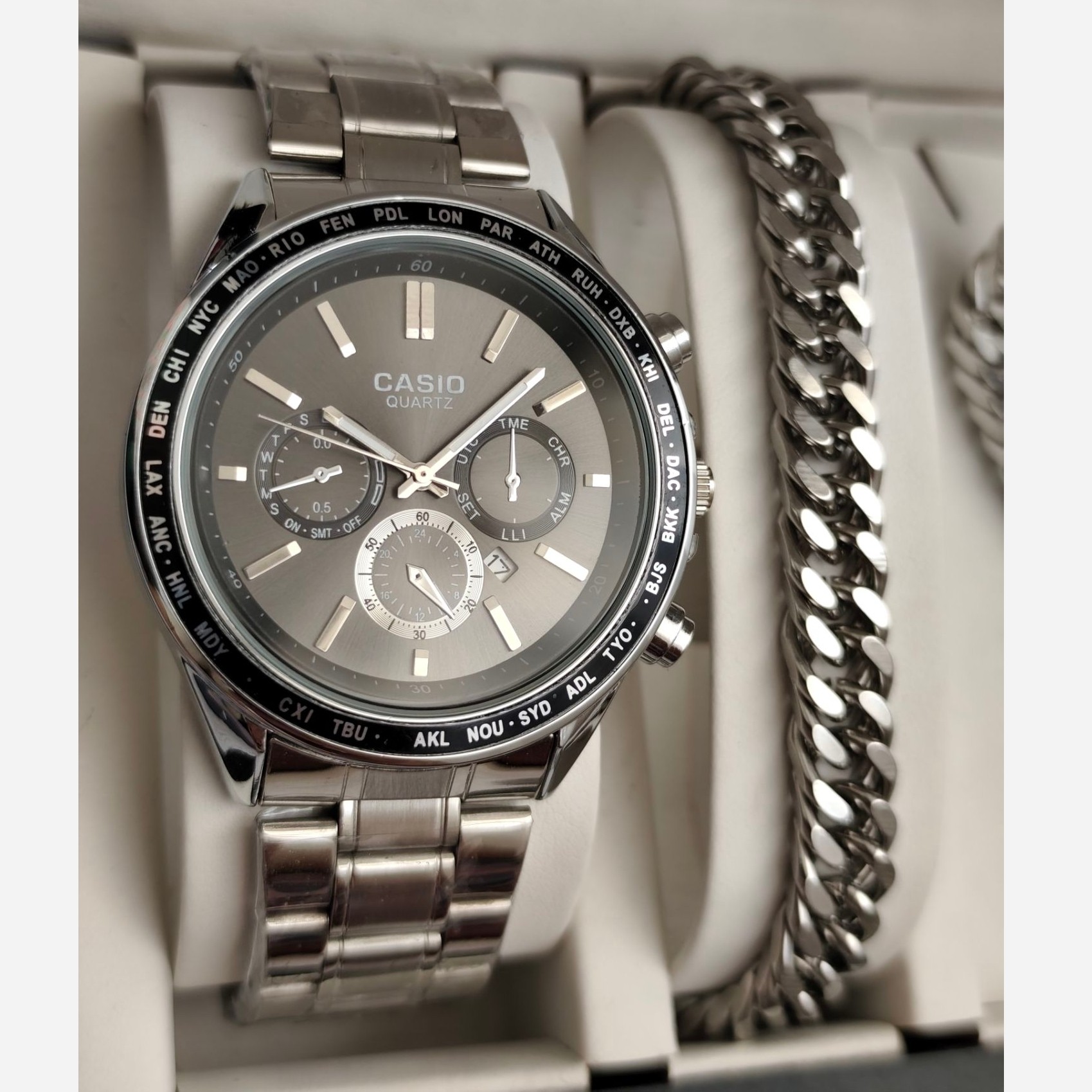 ست ساعت مردانه کاسیو casio با دستبند و گردنبند کارتیر و حلقه استیل