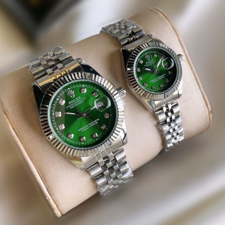 ساعت رولکس مردانه و زنانه کیفیت درجه یک استیل نقره ای صفحه سبز رنگ ثابت با آرم rolex