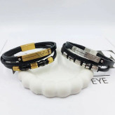 دستبند مردانه چرم و پلاک استیل طرح رولکس سه لاین رنگ ثابت کد amp (پس کرایه)