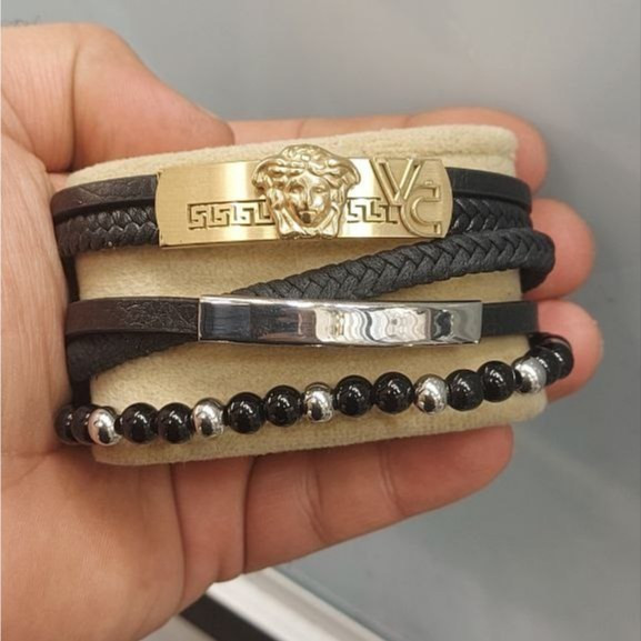 دستبند چرمی قفل و پلاک استیل مردانه طرح مونت بلنک Montblanc کیفیت چرم عالی تنوع طرح رنگ ثابت کد bn (پس کرایه)