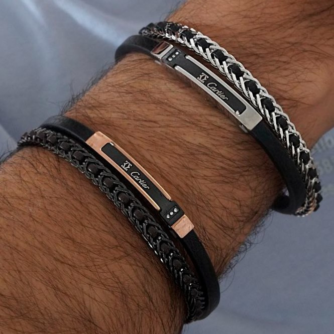 دستبند چرمی قفل استیل مگنتی کارتیر Cartier در تنوع طرح کیفیت چرم عالی رنگ ثابت کد mp