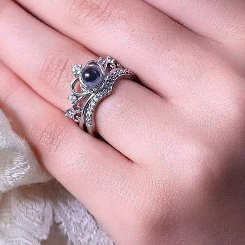 انگشتر آبکاری نقره زنانه تلسکوپی طرح تاج و نگین دوستت دارم به صد زبان دنیا فری سایز freesize رنگ ثابت کد mp
