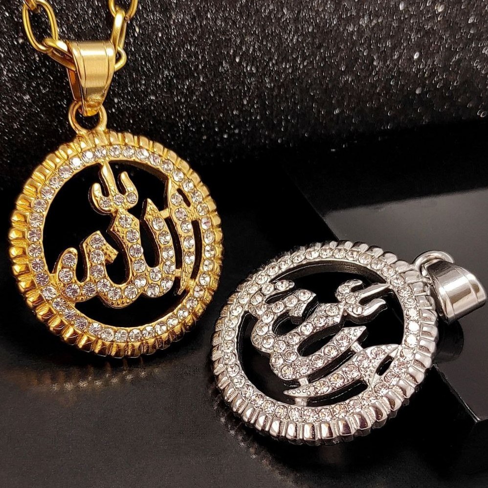گردنبند و آویز پلاک فول نگین کاری الله مخراج کاری رنگ ثابت کد mp