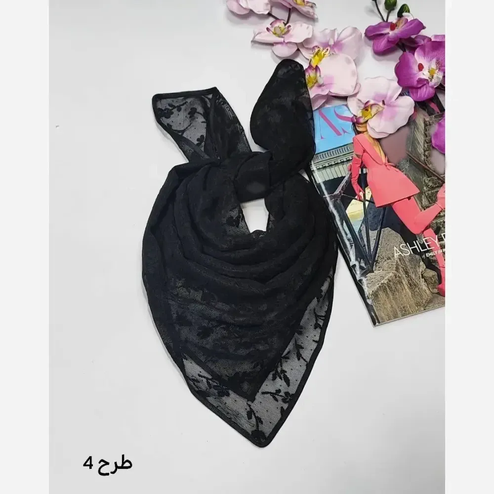 مینی اسکارف توری طرحدار مشکی ابعاد 70 در 70 جنس تور