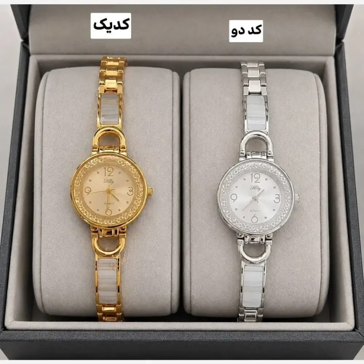 ساعت مچی زنانه بند استیل طرح سرامیکی نگیندار با جعبه کادویی