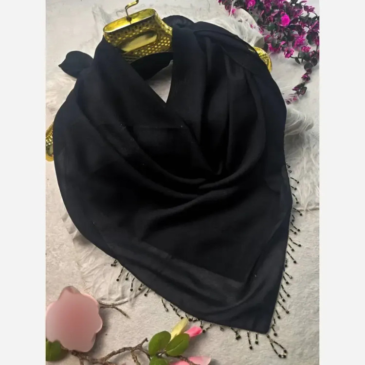 روسری مجلسی مشکی کرپ حریر با خرجکار ملیله آویز قواره 100