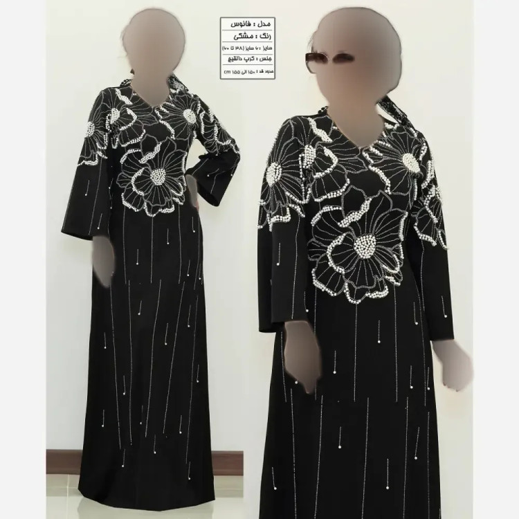 ماکسی مجلسی زنانه مدل فانوس جنس کرپ دالقیچ مشکی با خرجکار نگین و مروارید