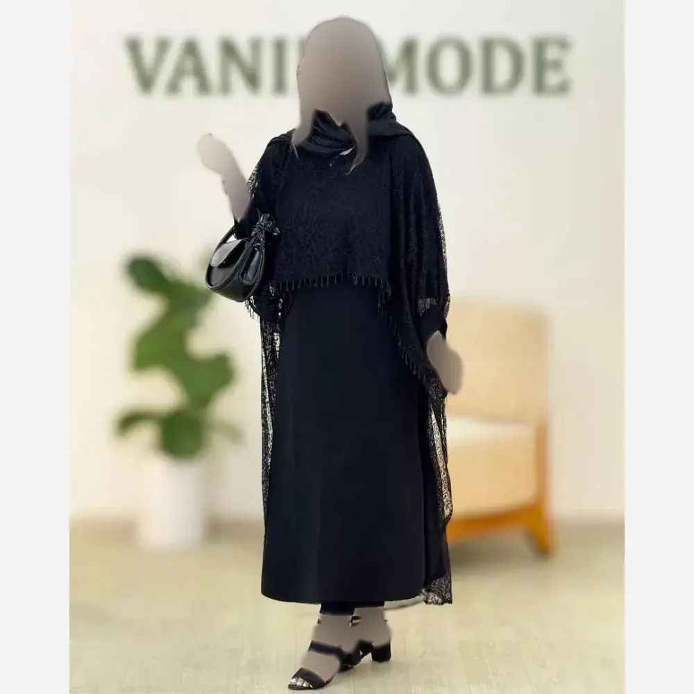 ست دانتل سرمه زیره کرپ بوگاتی رویه گیپور رنگ مشکی سایز فری 38 تا 46