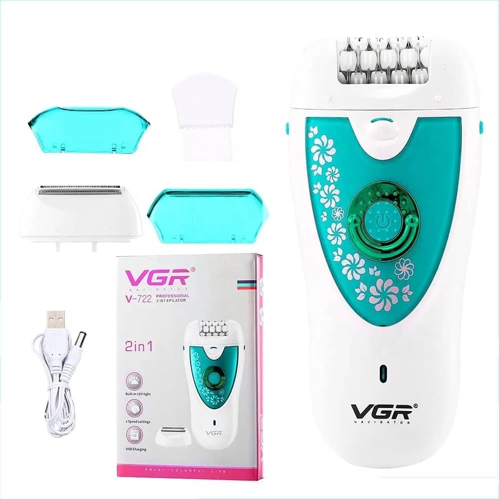 اپیلاتور 2 کاره صورت و بدن ( پک 5 عددی ) وی جی آر V-722 شارژی موکن اپیلیدی و ماشین اصلاح 722 (خرید شیور گناوه مارکت )