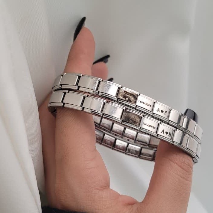دستبند مردانه و زنانه چارم با حک دلخواه جنس استیل رنگ ثابت