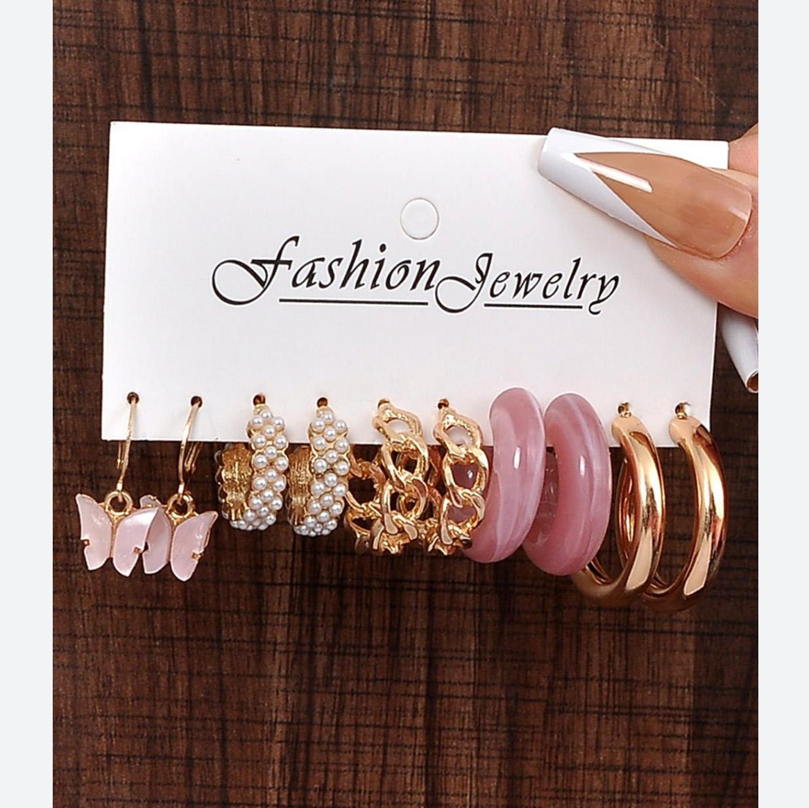 پک گوشواره مجموعه 5عددی حلقه ای مروارید و پروانه استیل کد 1019