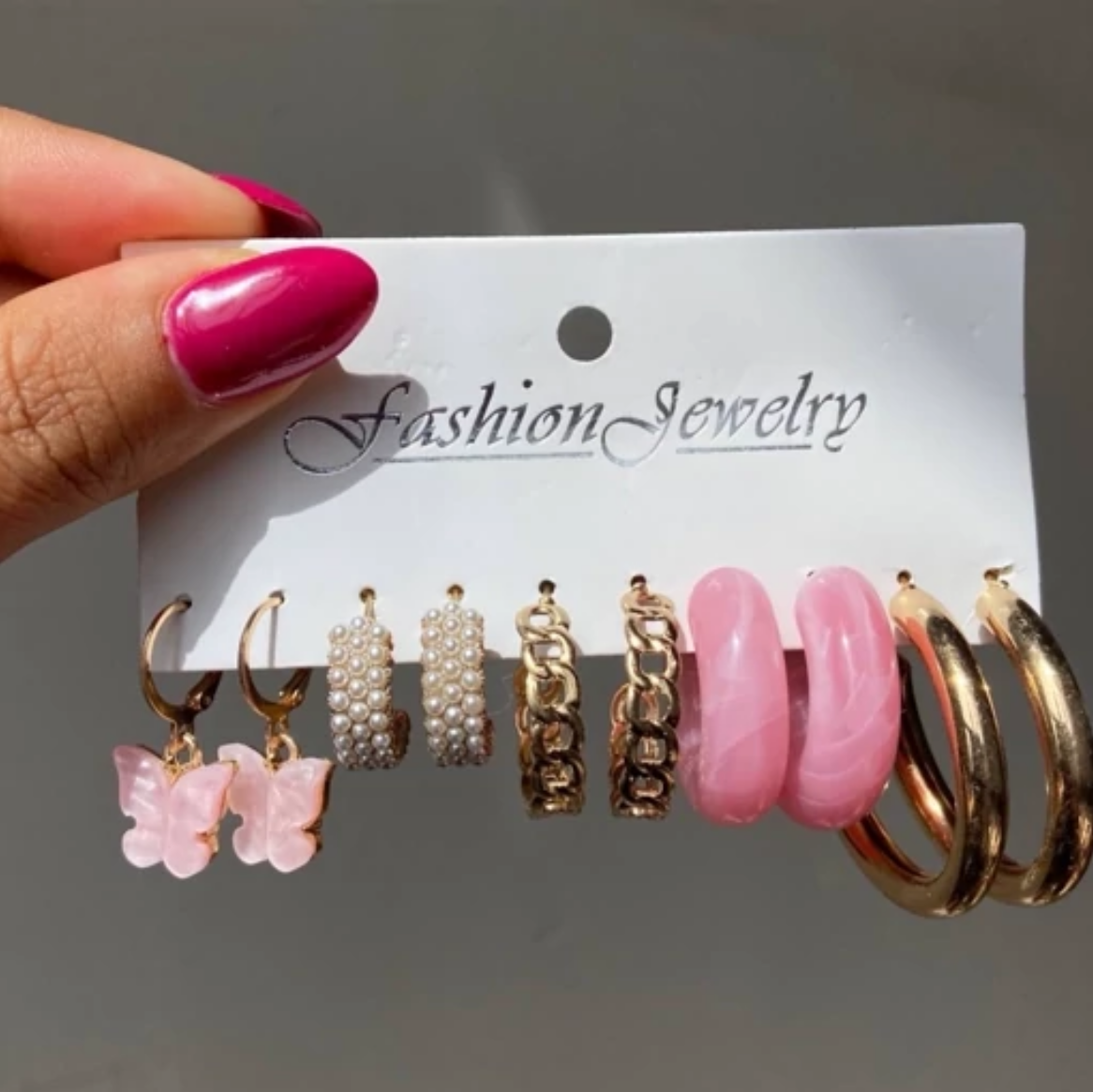پک گوشواره مجموعه 5عددی حلقه ای مروارید و پروانه استیل کد 1019
