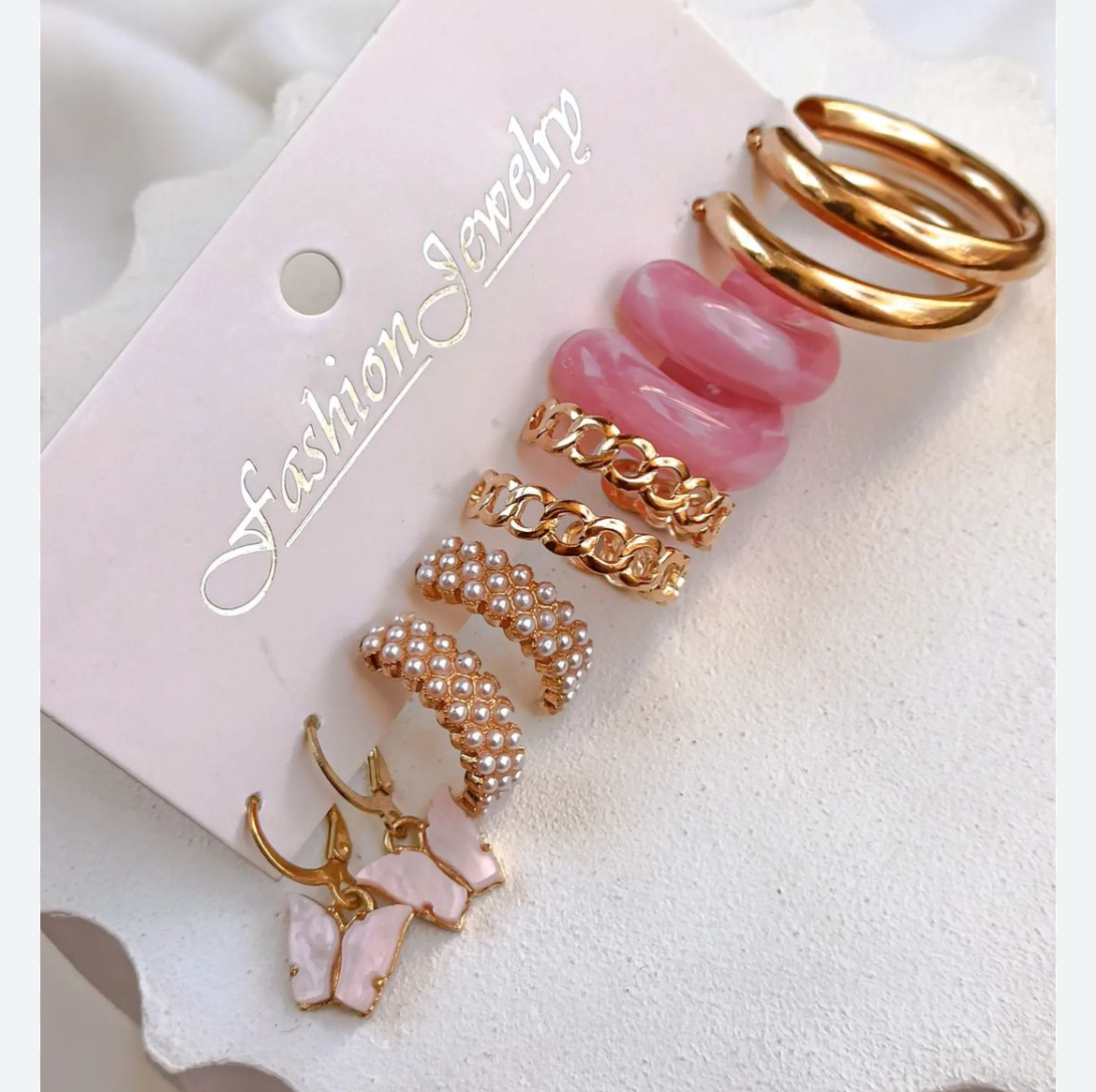 پک گوشواره مجموعه 5عددی حلقه ای مروارید و پروانه استیل کد 1019