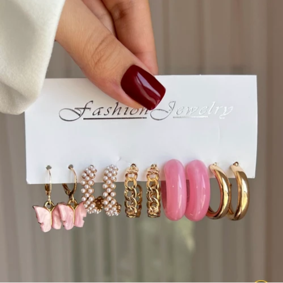 پک گوشواره مجموعه 5عددی حلقه ای مروارید و پروانه استیل کد 1019