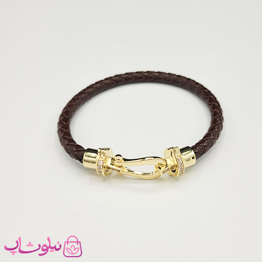 دستبند زنانه برند فرد Fred مدل چرم قهوه ای با قفل طلایی نگیندار استیل کیفیت مستر کد 680