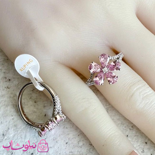 انگشتر زنانه ژوپینگ مدل گل صورتی نقره ای رنگ کد 3991