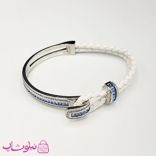 دستبند زنانه بولگاری مدل چرم استیل آبی سفید نقره ای کیفیت مستر کد 1600