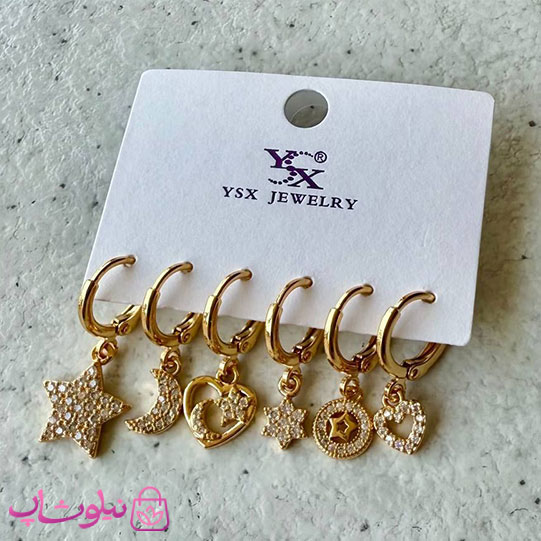 پک گوشواره زنانه YSX مدل گل رز، برگ، قلب طلایی رنگ کد 4791