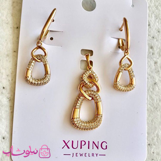 ست پلاک و گوشواره زنانه ژوپینگ طلایی نگیندار کد 7991
