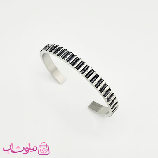 دستبند بنگل مردانه مدل مارش مشکی نقره ای کد 370