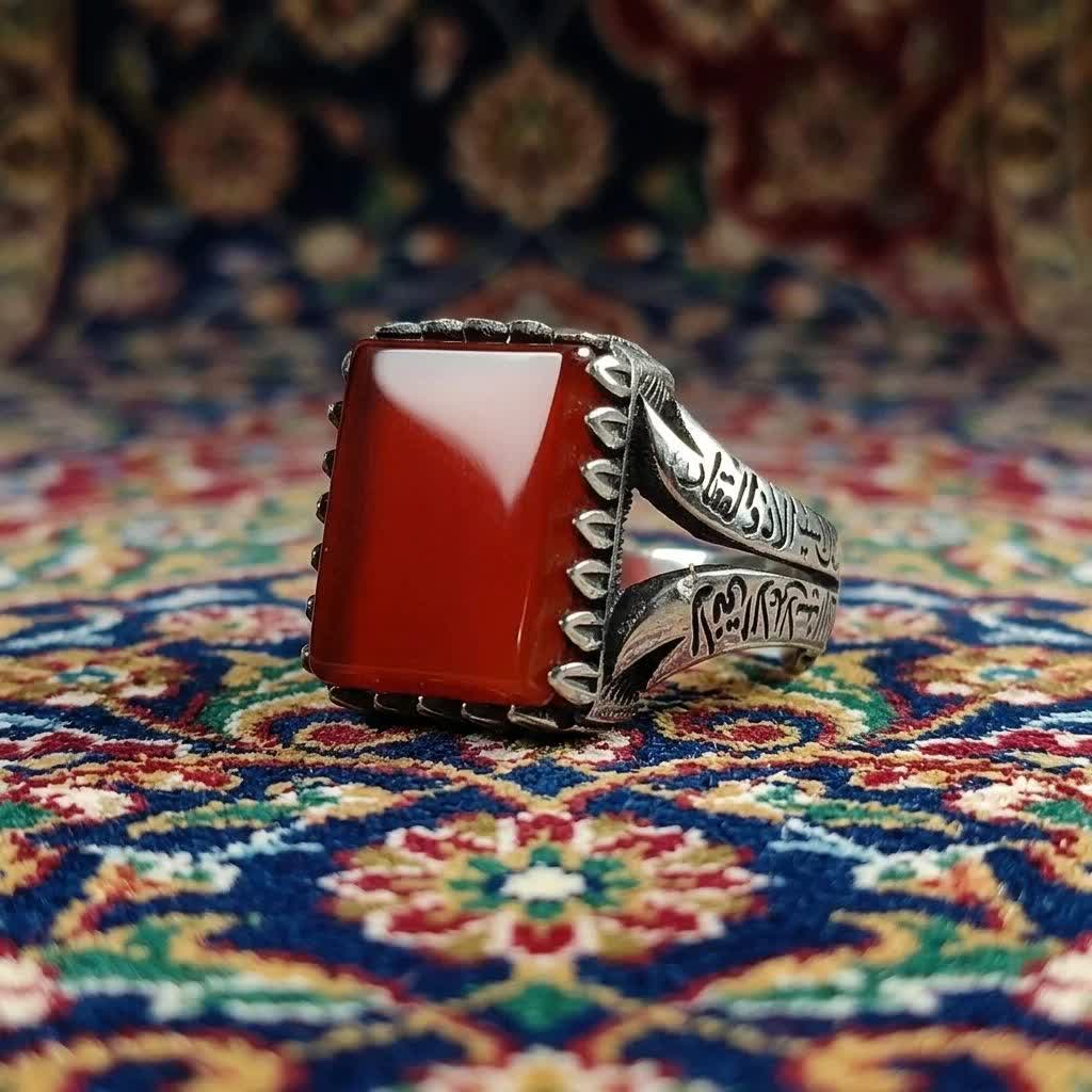 انگشتر عقیق قرمز مردانه با ذکر رکاب لافتی الا علی لا سیف الا ذوالفقار کد 4185
