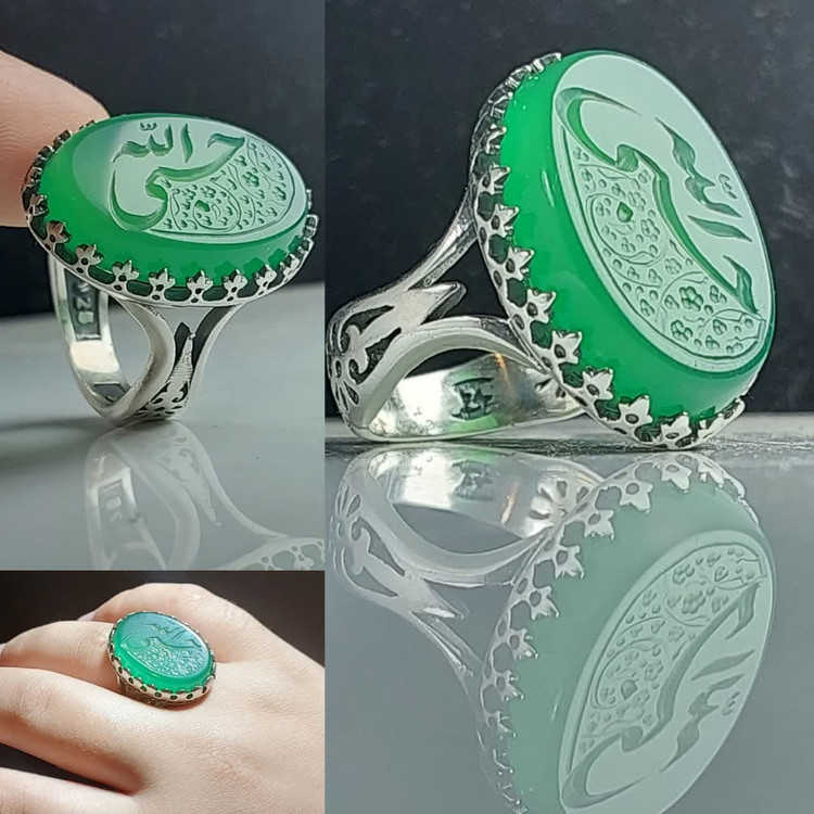 انگشتر عقیق سبز حکاکی حسبی الله رکاب آلیاژی باکیفیت کد 3837