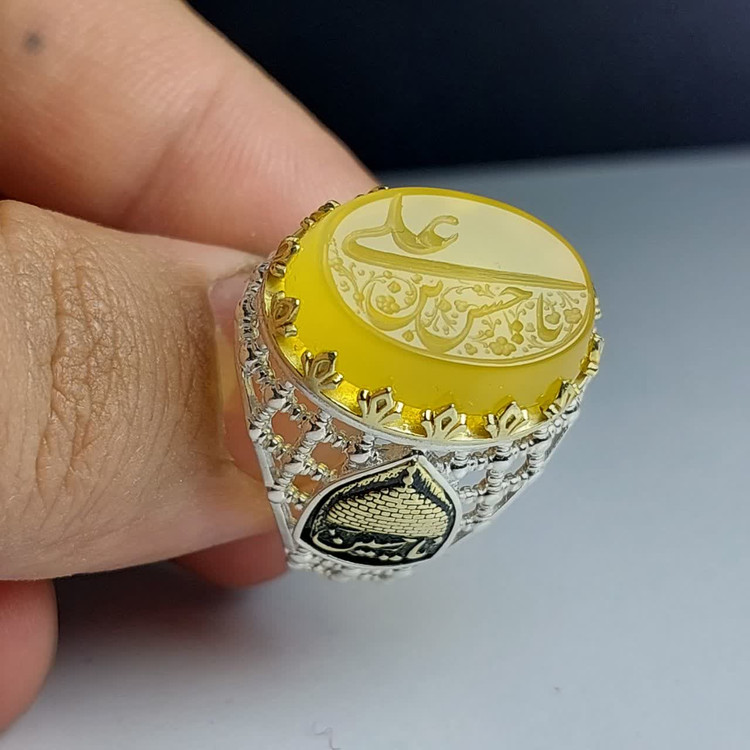 انگشتر شرف الشمس مردانه "خورشید کربلا" – حرز اعظم با رکاب متبرک به نام "یاحسین" کد 1803